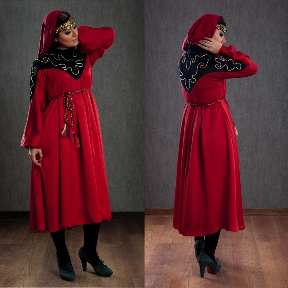 Traditional Red Bell Sleeves Silk Dress With Velvet Shoulder Design